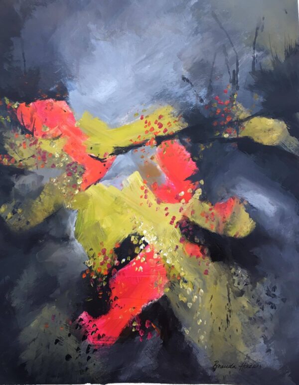 Abstract landscape with dark stormy skies and splashes of red, yellow, and black, capturing the freshness after rain.