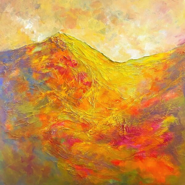 Oil painting of a sunlit hill with warm golden, orange, and yellow tones creating a glowing landscape.
