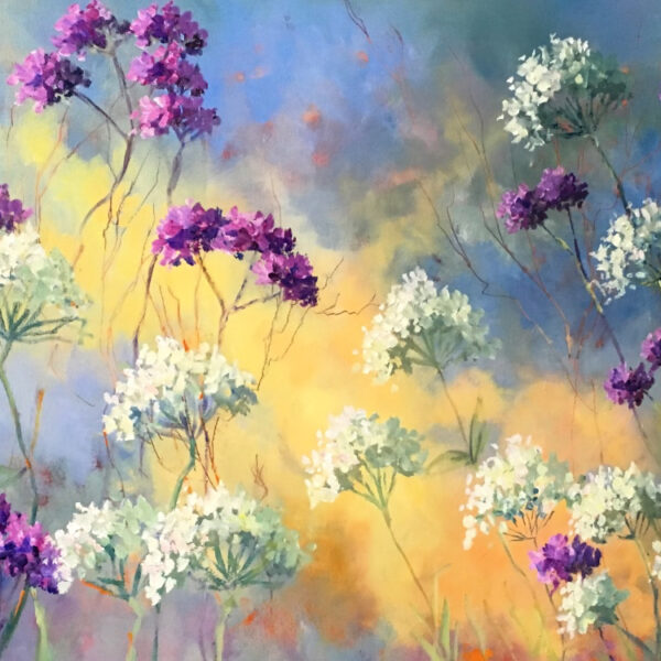 Floral painting ‘Summer Garden 2’ by Irish artist Brenda Harris, featuring lush summer blooms in pink, purple, and yellow tones.