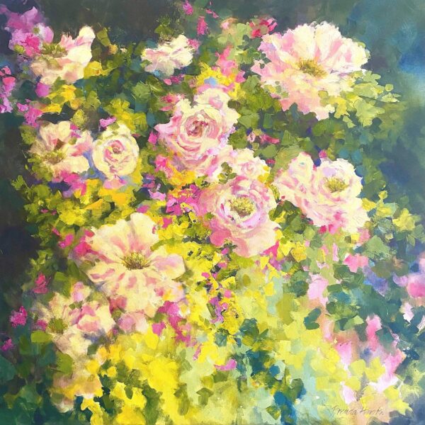 Painting ‘Summer Roses’ by Brenda Harris, rendering soft rose blooms in shades of red, pink, and cream, exuding a romantic summer mood.