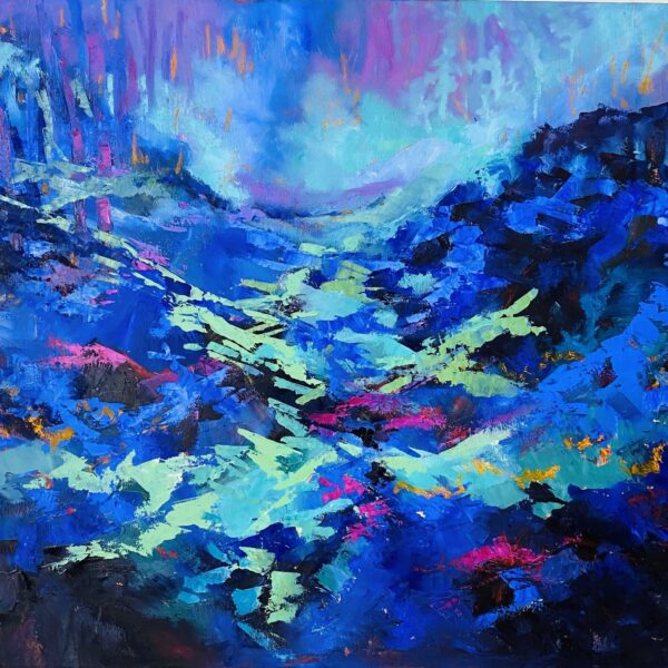 Dynamic mountain landscape in shades of deep blue and turquoise with light reflections on textured peaks.