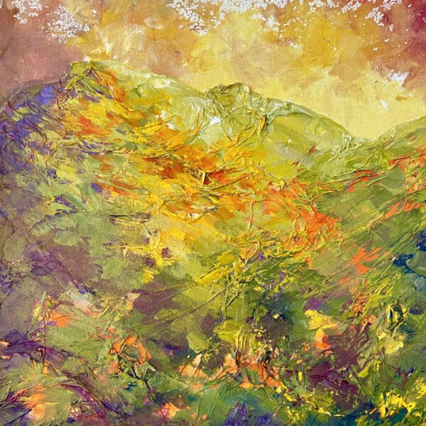 Textured oil painting of a serene hillside bathed in golden evening light with rich green and yellow foliage