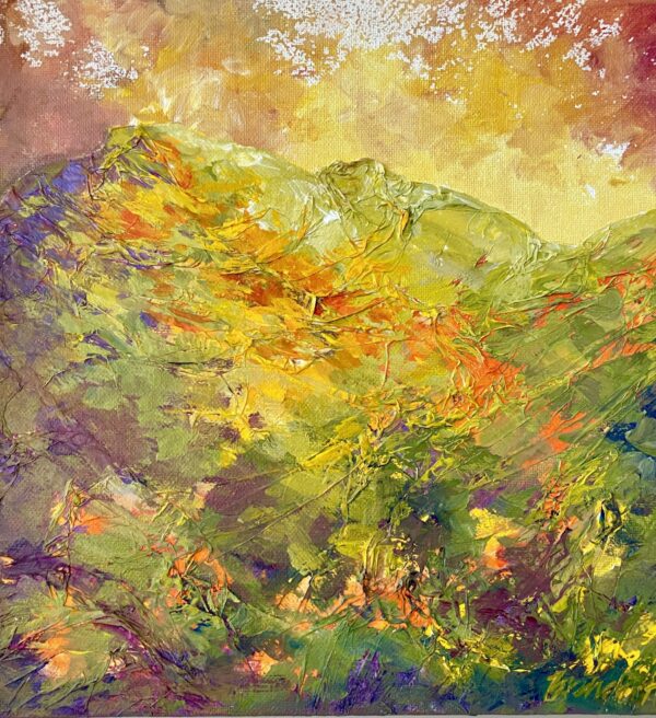 Textured oil painting of a serene hillside bathed in golden evening light with rich green and yellow foliage