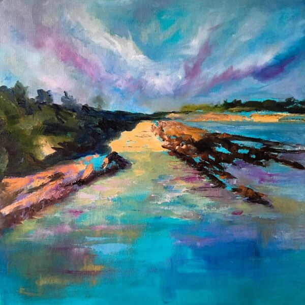 Oil painting of a coastal cove at Ardmore with a dramatic sky, calm blue waters reflecting clouds, and rugged shoreline.