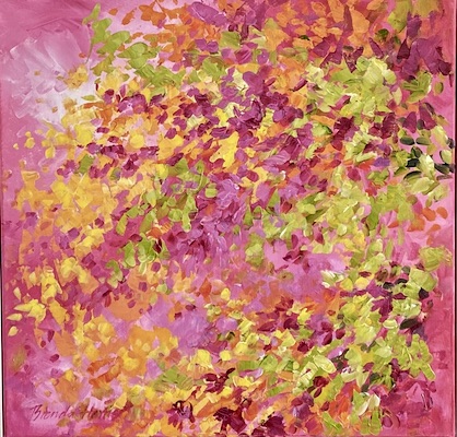 Floral painting ‘SUMMER PINKS’ by Brenda Harris, featuring an abundance of pink blossoms paired with fresh green stems and leaves.