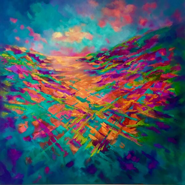 Colourful abstract valley landscape with sunlight highlighting a patchwork of vivid reds, greens, and purples.