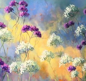 Irish floral painting by artist Brenda Harris showing purple and white wildflowers on tall green stems, with a vibrant yellow, blue, and orange abstract background.