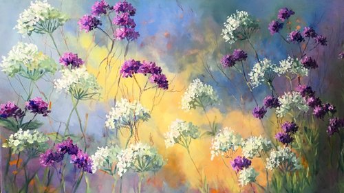 Irish floral painting by artist Brenda Harris showing purple and white wildflowers on tall green stems, with a vibrant yellow, blue, and orange abstract background.
