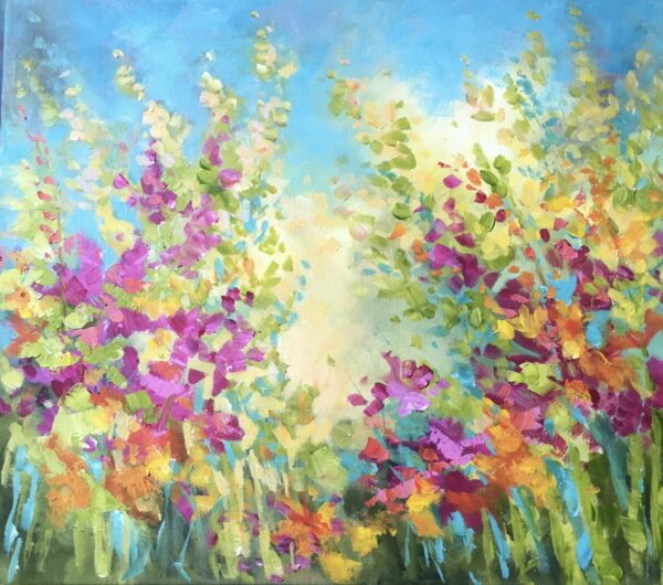Painting ‘Garden Border 2’ by Brenda Harris depicting a vibrant border of mixed flowers—pinks, purples, and whites—in painterly detail.