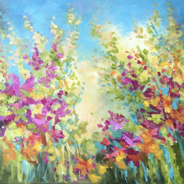 Painting ‘Garden Border 2’ by Brenda Harris depicting a vibrant border of mixed flowers—pinks, purples, and whites—in painterly detail.