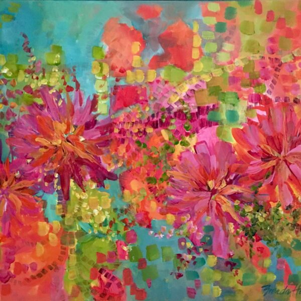 Bright painting ‘A Ray of Sunshine’ by Brenda Harris, showing radiant yellow and orange floral blossoms bathed in warm light