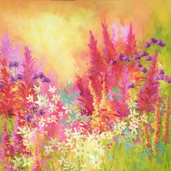 Painting ‘Summer Fancy’ by Brenda Harris, filled with fanciful summer flowers in pastel pinks and soft yellows for a dreamy effect.