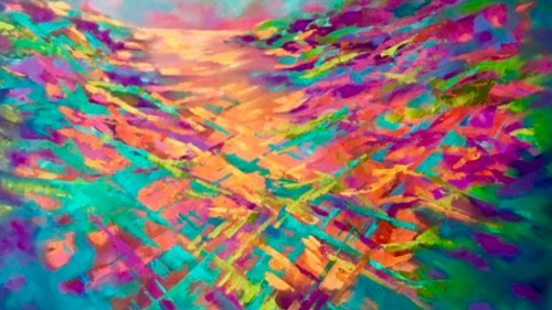 Irish landscape painting by artist Brenda Harris showing pvibrant yellow, blue, and orange abstract background.