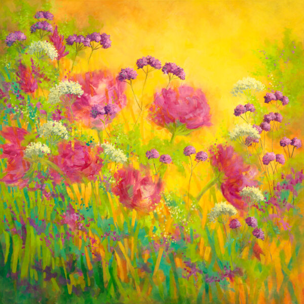 Floral painting ‘Summer Garden 6’ by Brenda Harris, presenting a lavish summer garden scene awash in bright floral colors and lush greenery