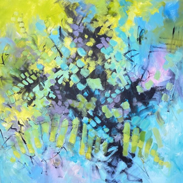 Abstract composition in blue, turquoise, and yellow tones with bold black shapes and layered textured brushwork