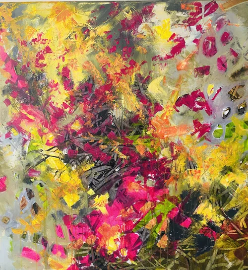 Vibrant abstract painting with splashes of yellow, pink, and deep purple suggesting sparkling light and movement.