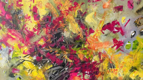 abstract paint by irish artish brenda harris, bold use of deep reads light yellows and greys